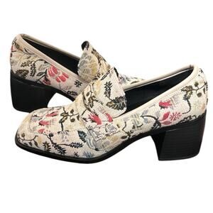 ASOS DESIGN Substitute smart mid heeled loafers in tapestry size 9